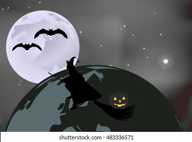 Vector illustration postcard bats and a witch with a pumpkin flying over the globe on a moonlit night in Halloween celebration