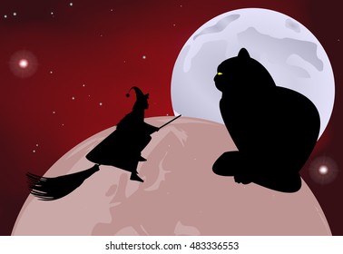 Vector illustration postcard black cat sitting on the globe and a witch flying over it on a moonlit night  in celebration of Halloween