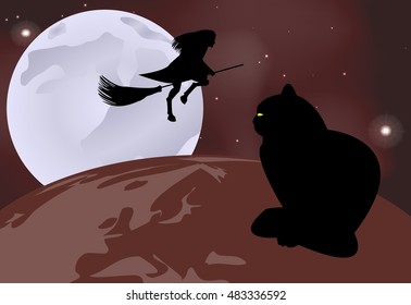 Vector illustration postcard black cat sitting on the globe and a witch flying over it on a moonlit night  in celebration of Halloween