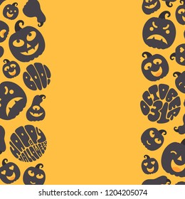 Vector illustration: postcard of black scary carved pumpking icons isolated on yellow background. Decorative element for Halloween party greeting cards, posters, postcard, wrapping paper, scrapbooking