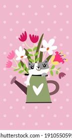 Vector illustration. Postcard with a bouquet of flowers and a cat in a vase.