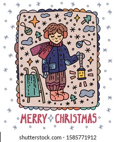 Vector illustration postcard with a boy and the inscription Merry Christmas in doodle style.