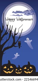 Vector illustration of a postcard celebrating Halloween. Ghosts and owl under tree clouds in moonlight. Colorful card illustrations set. Halloween icons white ghosts, tree, owl vector illustration