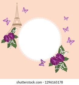 Vector illustration of the postcard with chrysanthemum, lily of the valley, eiffel tower and frame with place for your text.