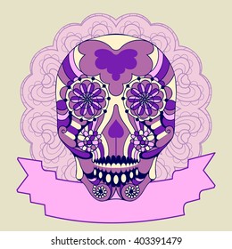 Vector illustration. Postcard colored skull with floral pattern. Day of The Dead colorful Skull with floral ornament.