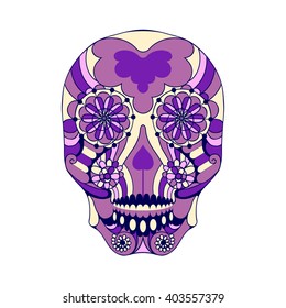 Vector illustration. Postcard colored skull with floral pattern.