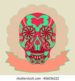 Vector illustration. Postcard colored skull with floral pattern. Day of The Dead colorful Skull with floral ornament.