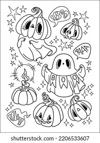 Vector illustration, postcard, coloring book, halloween, ghost, pumpkin, candle, skull