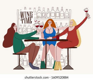 Vektorillustration-Illustration, Postkarte, Comic-Figuren lustige Mädchen Freundinnen in einer Bar oder Restaurant feiern eine Bachelorette-Party. sie trinken Wein und freuen sich