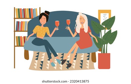 Vector illustration, postcard, comic characters funny girls girlfriends drinking wine