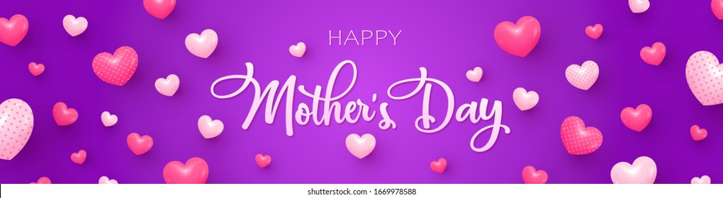  Ilustración vectorial. Postal - felicitación por el día de la madre. Fondo rosa brillante con corazones y texto.