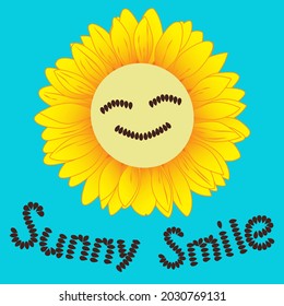 Vector illustration, postcard - cute funny cartoon character smiling sunflower with eyes and mouth, consisting of seeds. The inscription "sunny smile", lined with seeds on a blue background