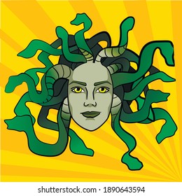 Vector illustration postcard face of Medusa Gorgon in cartoon style with snakes on a yellow background in the style of pop art