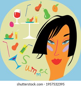 Vector illustration, postcard with a female head in a bright summer theme