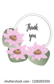 Vector illustration of a postcard from flowers of lavender pink and leaves of green color on a white background with a place for text. Calligraphic text Thank you .