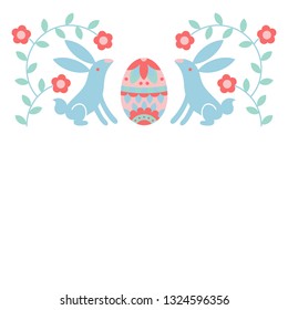 Vector illustration: postcard with folk style bunny icons with easter egg and flowers in pastel colors isolated on white background. Graphic design for Easter decoration, greeting cards and posters
