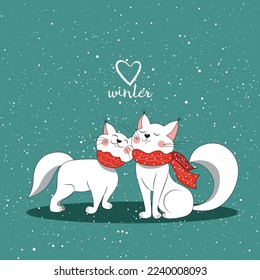 Ilustración vectorial regalo postal amor navidad invierno año nuevo dos gatos color blanco y rojo bufanda que está nevando en un fondo verde