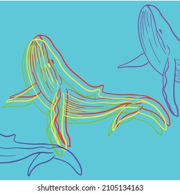 vector illustration of postcard graphic design with whale, art tattoo sketch, hand draw, use in print