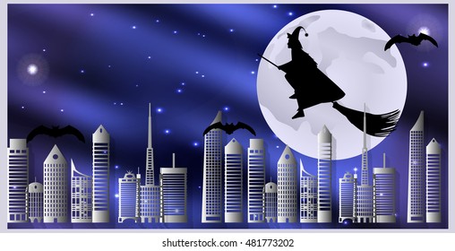 Vector illustration postcard for Halloween. Witch on a broom and bats are flying over the city on a moonlit night