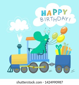 vector illustration postcard happy birthday kind monster on the train