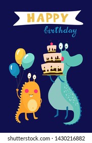 Vector illustration of postcard happy birthday kind monsters with cake