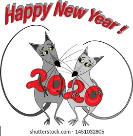 Vector illustration, postcard - Happy new year 2020. Chinese horoscope - the year of the rat. Two gray rats in love meet the new year