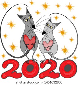 Vector illustration, postcard - Happy new year 2020. Chinese horoscope - the year of the rat. Two gray rats in love meet the new year
