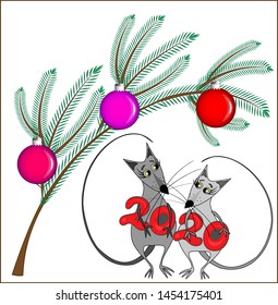 Vector illustration, postcard - Happy new year 2020. Chinese horoscope - the year of the rat. Two gray rats in love meet the new year