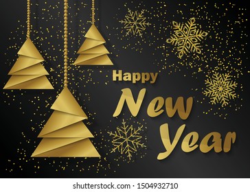 Vector illustration. Postcard Happy New Year 2020 with golden fir trees and snowflakes.