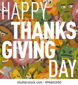 Vector illustration postcard. Happy thanksgiving day postcard with different emoticons pumpkin, leaf, hat. Modern postcard with emoticons emoji. Autumn holiday postcard. Season holiday.