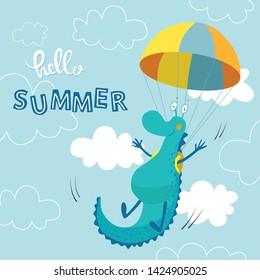 Vector illustration postcard hello summer monster parachute