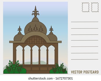 Vector illustration of a postcard with an Indian temple in flat style.