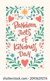 Vector illustration of postcard with inscription Random Acts of Kindness Day decorated with plants and dot elements on pastel pink background