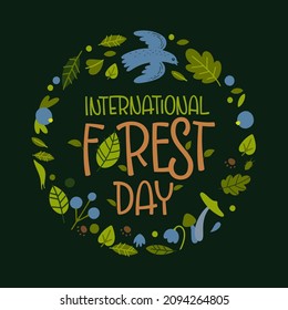 Vector illustration of postcard for International Day of Forests in round shaped frame with plants and bird elements on green background