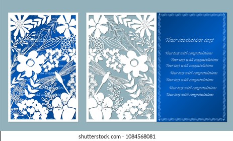  Tarjeta postal de la ilustración del vector. Tarjeta de invitación y saludo. Patrón para el corte láser. flor blanca. flor, hoja, libélula