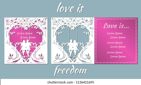 Vector illustration Postcard. Invitation and greeting card with a guy and a girl under the trees in the form of a heart. Pattern for the laser cut, boy and girl.