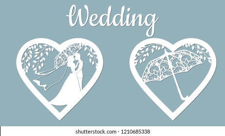 Vector illustration Postcard. Invitation and greeting card with With the groom and the bride under the trees and umbrellas. Pattern for the laser cut, plotter and serigraphy