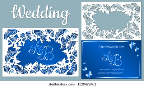 Tarjeta postal de la ilustración del vector. Tarjeta de invitación y saludo con mariposa abstracta. Patrón para el corte láser. corte de plotter. inscripción-boda