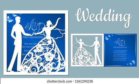 Tarjeta postal de la ilustración del vector. Tarjeta de invitación y saludo con el novio y la novia. Patrón para el corte láser, niño y chica. Las parejas bailarinas. Vestido con flores