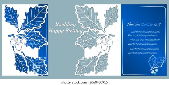 Vector illustration Postcard. Invitation and greeting card. Pattern for the laser cut. leaf. oak leaves. acorns.