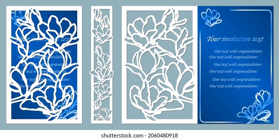 Ilustración vectorial Postal. Tarjeta de invitación y saludo. Patrón para el corte láser. flor blanca. flor, hoja, magnolia.