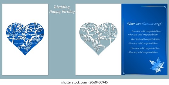 Vector illustration Postcard. Invitation and greeting card. Pattern for the laser cut. leaf. maple leaf in the heart.