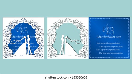 Vector illustration Postcard. Invitation and greeting card with the groom and the bride under. Arch of flowers. Pattern for the laser cut, boy and girl. wedding