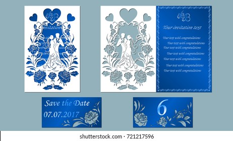 Vector illustration Postcard. Invitation and greeting card with the groom and the bride under. Arch of flowers. Pattern for the laser cut, boy and girl. rose, heart