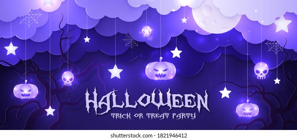 Vector illustration postcard, invitation to the holiday Halloween, paper style