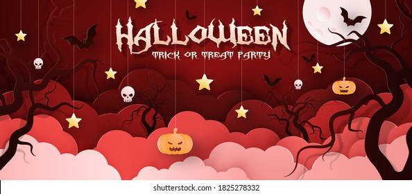 Vector illustration postcard, invitation to the holiday Halloween, paper style