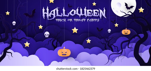 Vector illustration postcard, invitation to the holiday Halloween, paper style