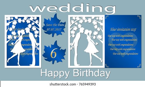 Vector illustration Postcard. Kiss. The invitation card and greeting card with the boy and the girl. Pattern for the laser cut. Trees, maple leaves. Rose, hearts. blue, white