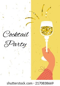 Vector illustration of postcard layout with cocktail party. It shows hand holding a glass of champagne. There is a place for the text. Vertical format. Kraft background.