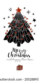 Vector illustration for postcard layout with an image of a decorated Christmas tree, snowflakes, lettering, gift. Concept celebrating the New Year, Christmas, congratulations. Vertical postcard format